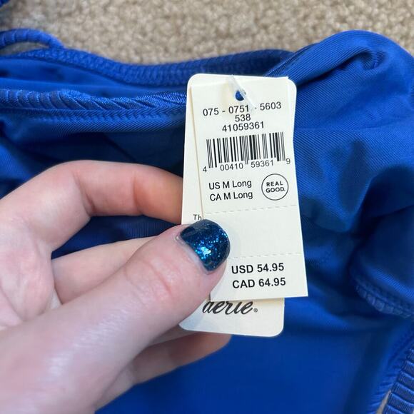 NWT Aerie Shine Rib Strappy Scoop Full Coverage One Piece Swimsuit Blue - Picture 7 of 7